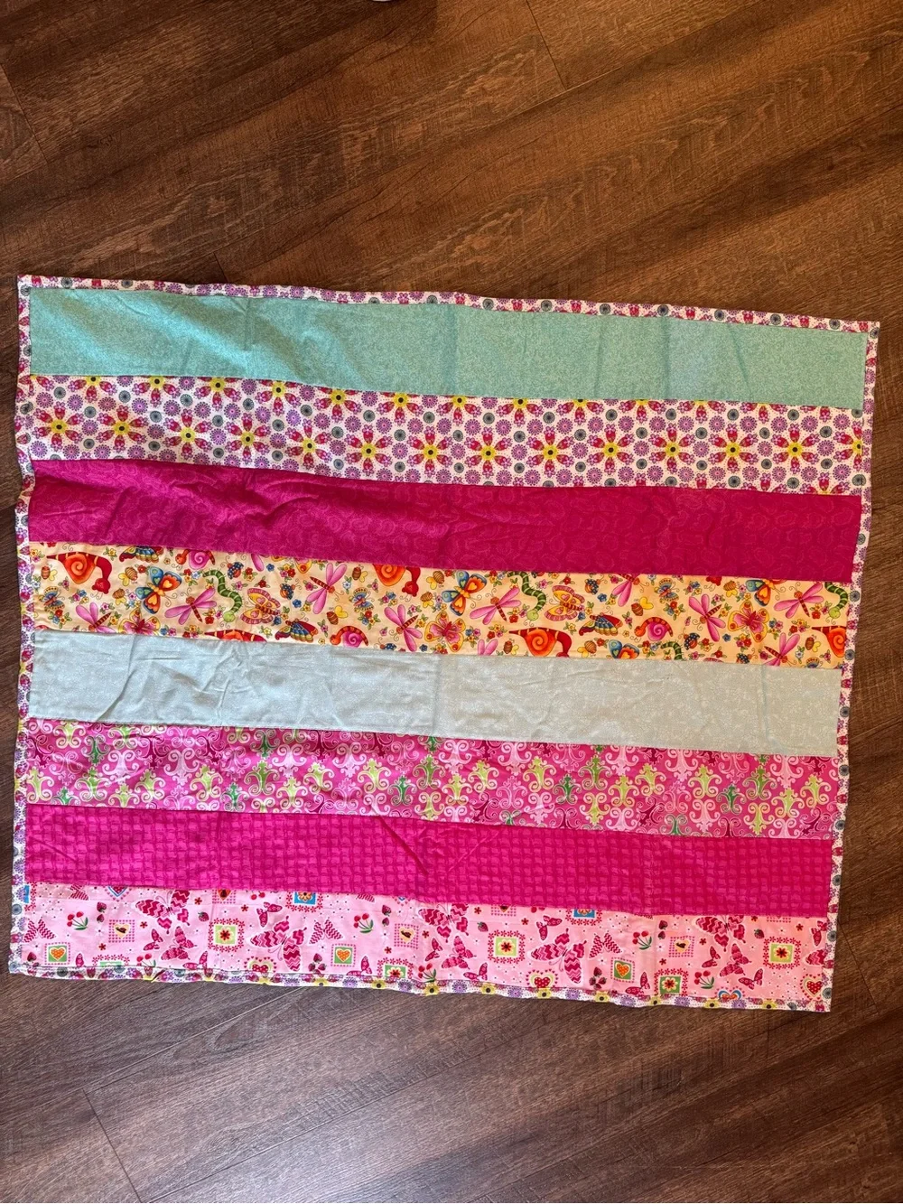 Hand Crafted Pink & Aqua Striped Patchwork Quilt 34 x 42